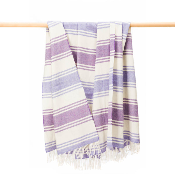 John Hanly Large Lambswool Blanket | Lilac Purple White Stripe