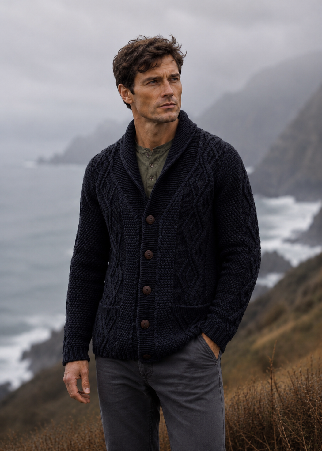 Men's Merino Wool Aran Cardigan | Charcoal