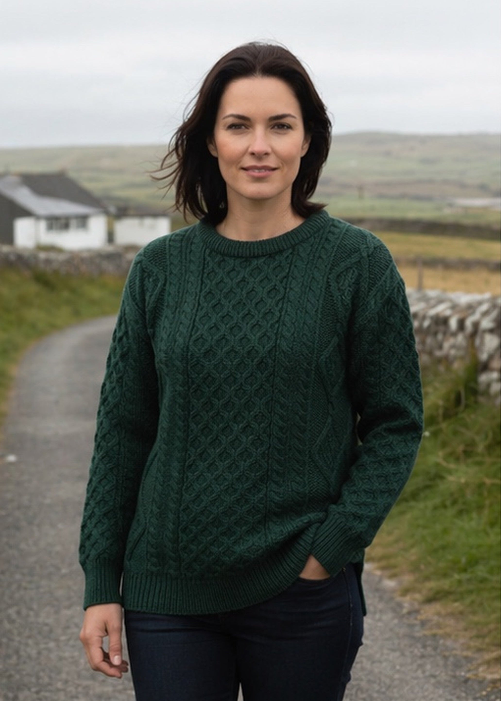 Inis Mor Aran Sweater | Unisex Irish Wool Sweater | Moss Green