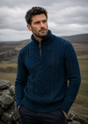 Men's Aran Half Zip Sweater - Blackwatch Navy Green | 100% Merino Wool