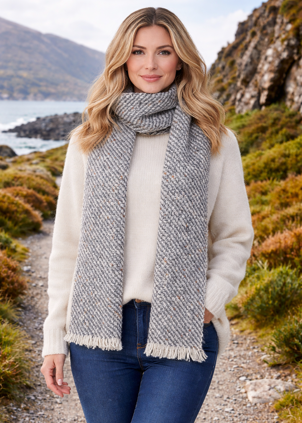 Mucros Aran Scarf | Merino Wool Alpaca Scarf | Denim Mix