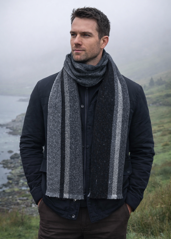 Mucros Donegal Wool Scarf | Grey Black | Made in Ireland