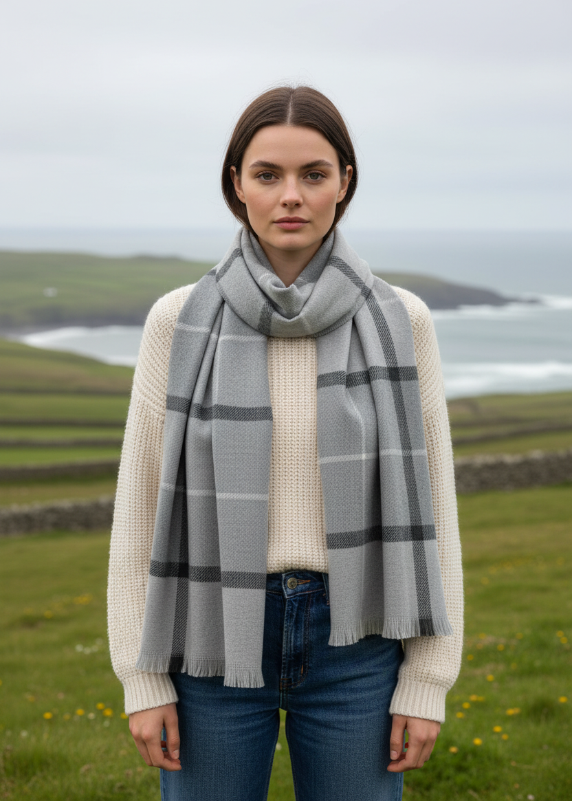 Foxford Giant Merino Scarf | Charcoal Grey Check