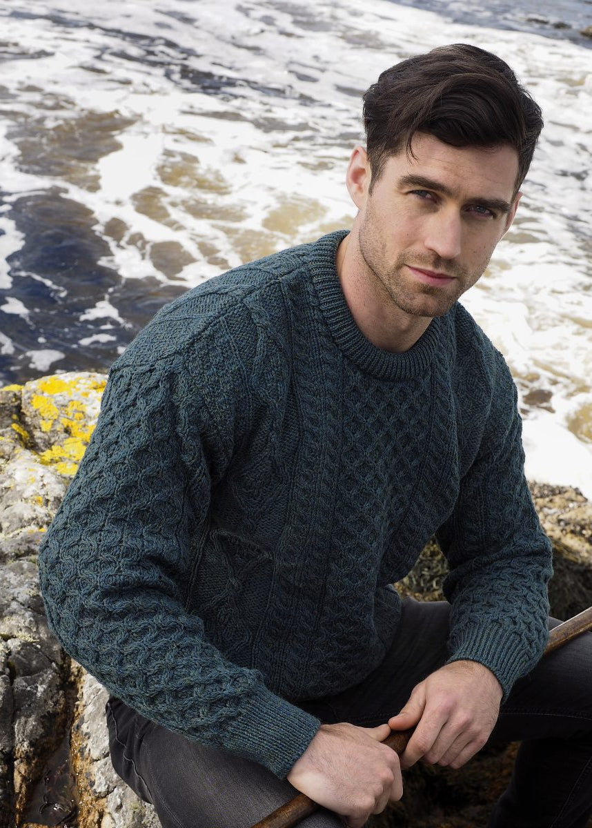 Inis Mor Green Aran Sweater | Premium Irish Pure Wool Knitwear