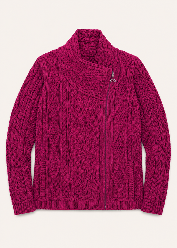 Aran Crafts Women's Berry Shannon Cable Knit Side Zip Merino Wool Jacket | Made in Ireland