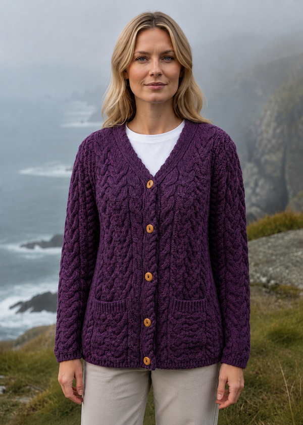 Aran Button-Up Cable Knit Cardigan | Berry Rose