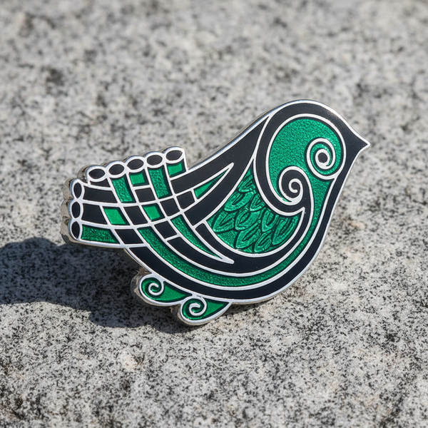 Rhodium Green Enamel Bird Brooch