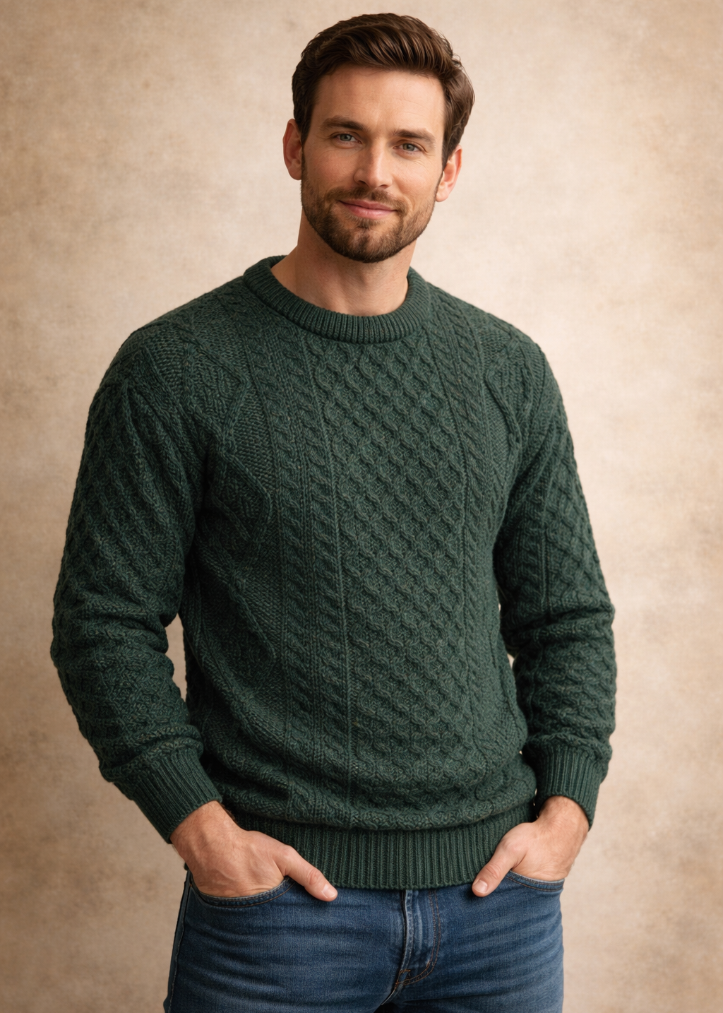Inis Mor Green Aran Sweater | Premium Irish Pure Wool Knitwear
