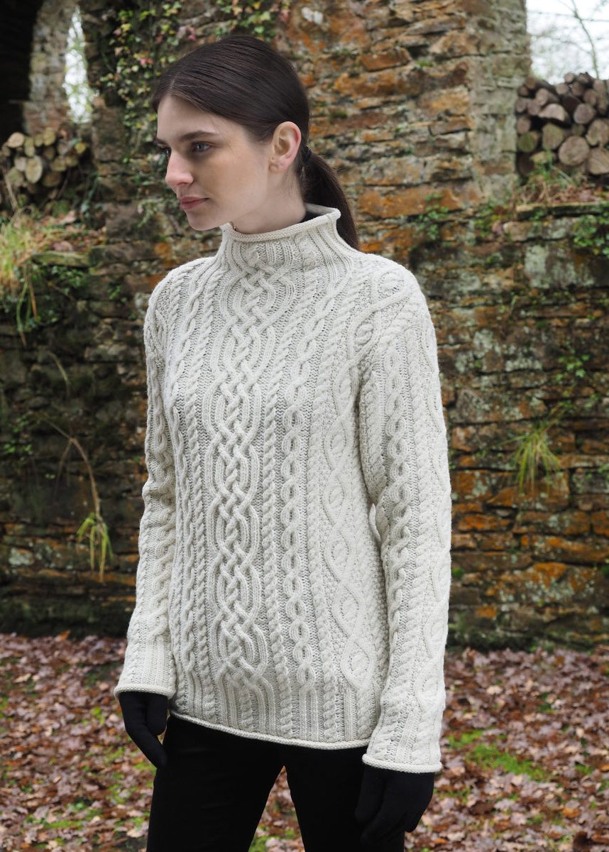 Women's Super Soft Funnel Neck Aran Sweater | Natural