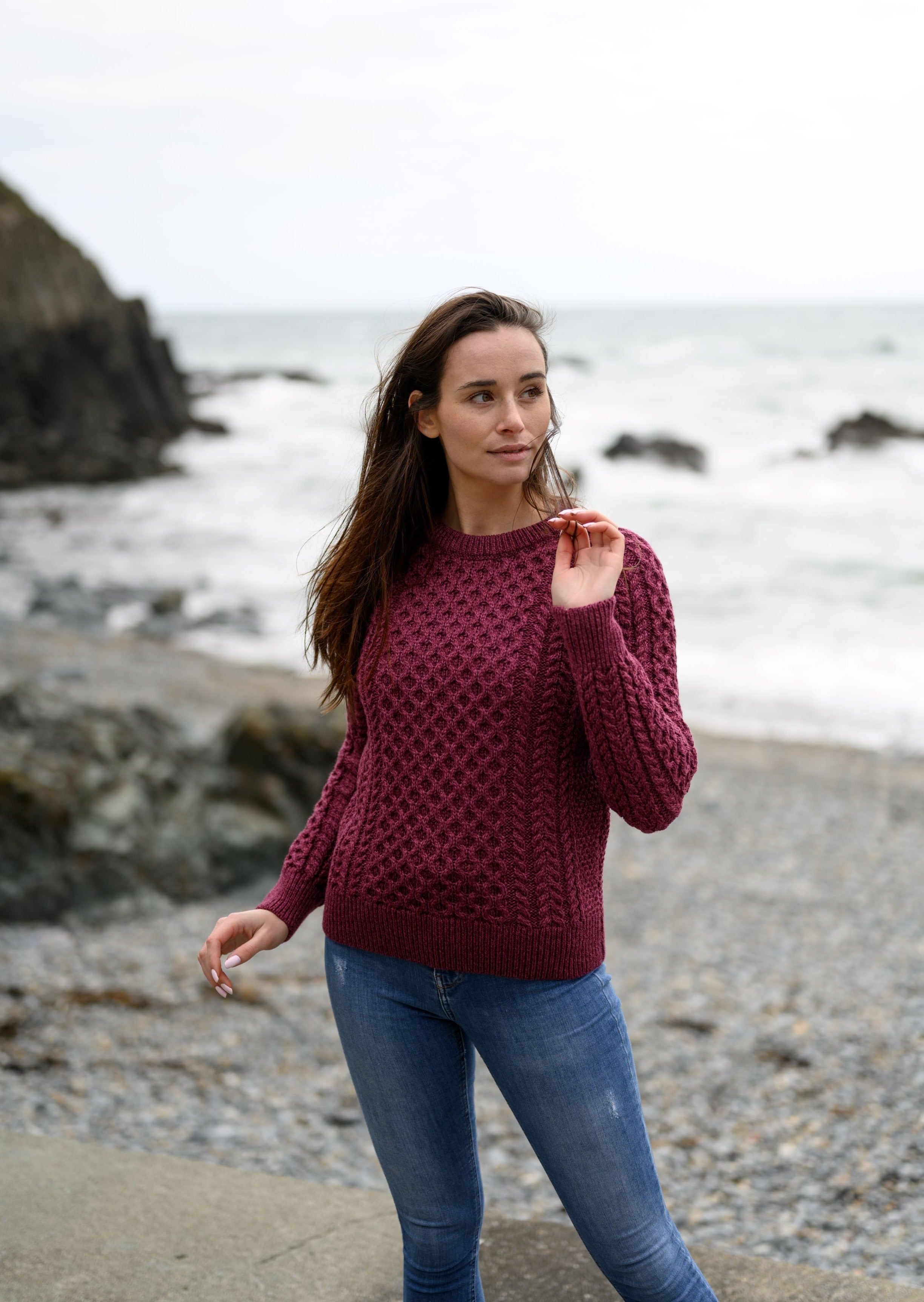 Ladies Slim-Fit Aran Sweater | Raspberry