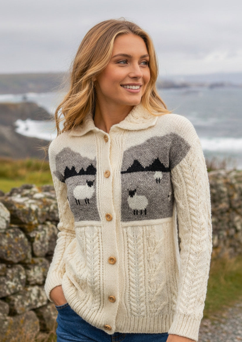 Ladies Aran Sheep Cardigan | 100% Wool | Natural