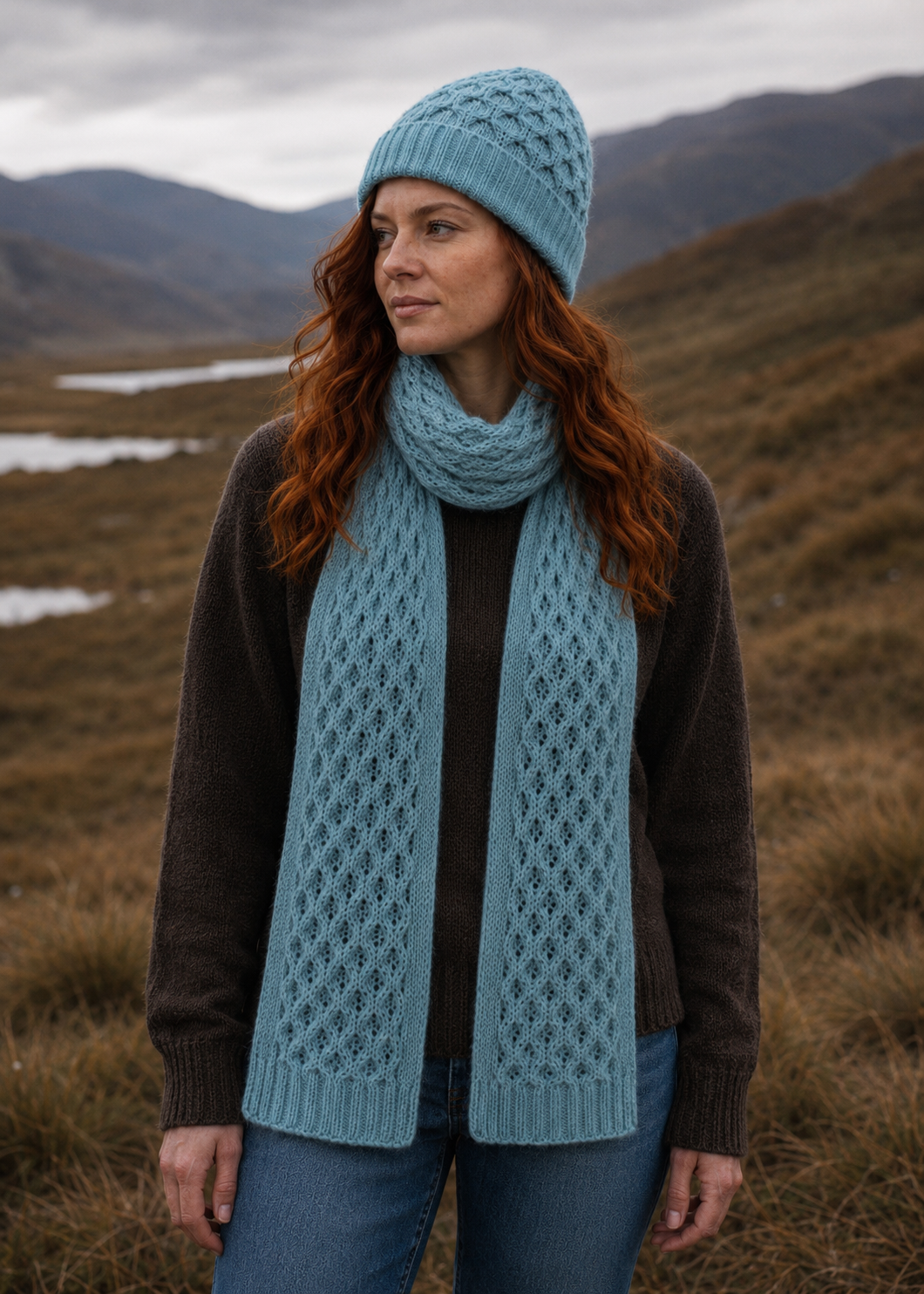 Aran Merino Wool Honeycomb Scarf | Aqua Marl