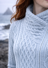 Women's Light Blue Aran Cable Knit Sweater with Side Zip | Merino Wool