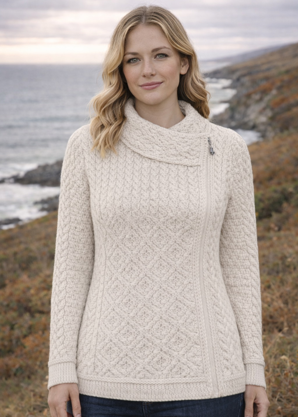 Claddagh Zip Aran Cardigan | Oatmeal | 100% Merino Wool 