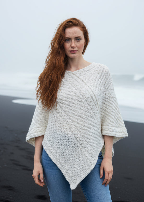 Aran Merino Wool V Poncho - Natural