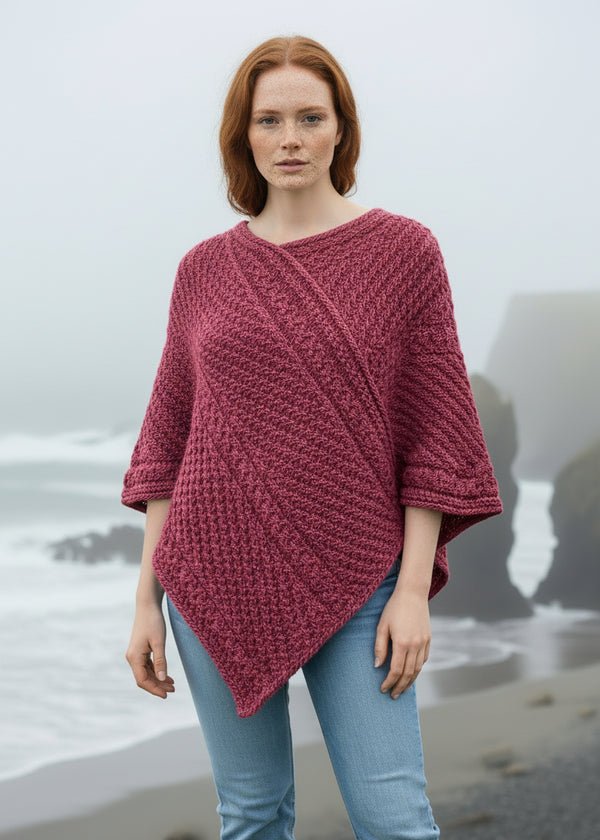 Aran Merino Wool V Poncho | Raspberry