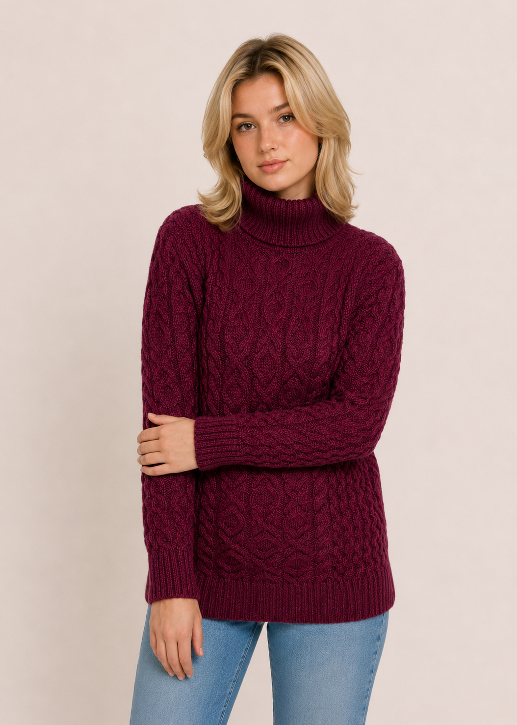 Merino Wool Polo Neck Aran Sweater | Raspberry Marl 