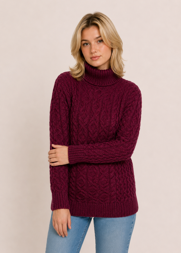 Merino Wool Polo Neck Aran Sweater | Raspberry Marl 