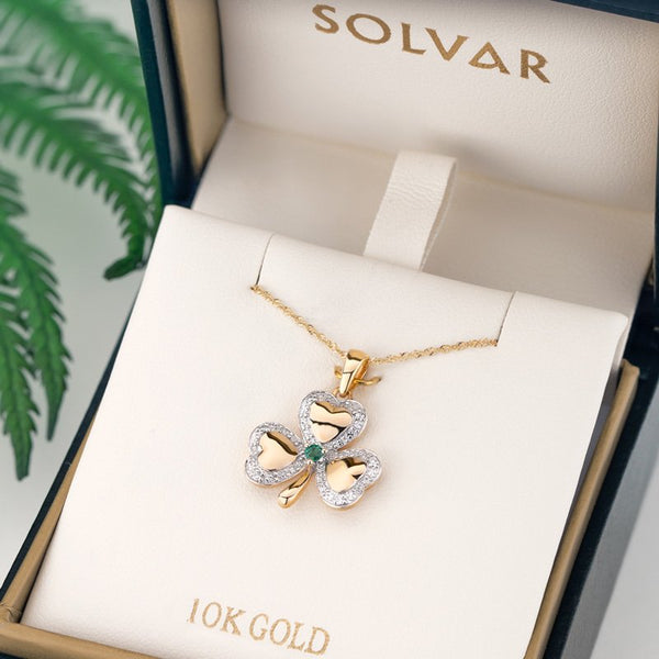 10K Gold Diamond & Emerald Shamrock Pendant