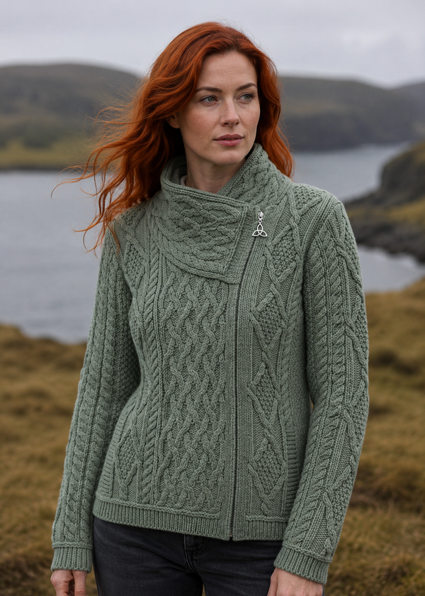 Aran Crafts Ladies Side Zip Cardigan | Thundra Green