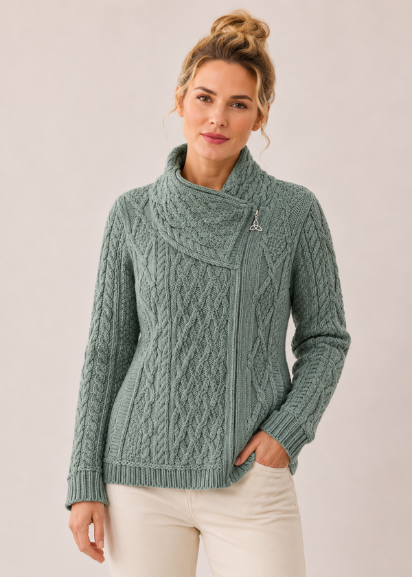Aran Crafts Women's Tundra Green Shannon Cable Knit Side Zip Merino Wool Jacket | Made in Ireland