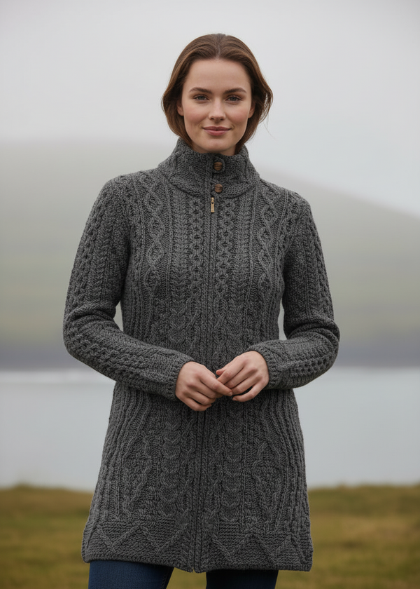 Aran Long Fitted Coat | Charcoal 