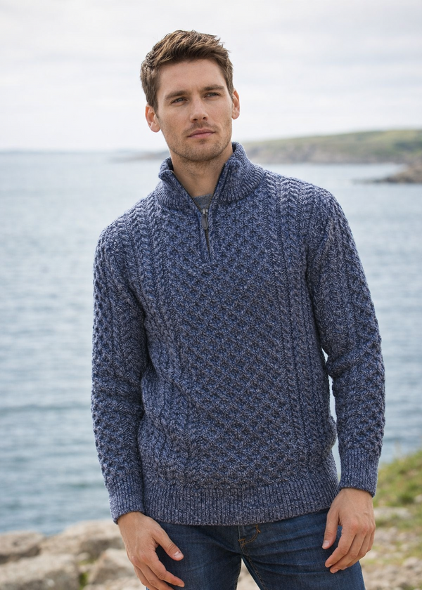Aran Merino Wool Half Zip Sweater | Denim