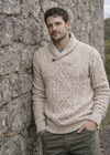 Aran Merino Wool Shawl Neck Sweater | Camel