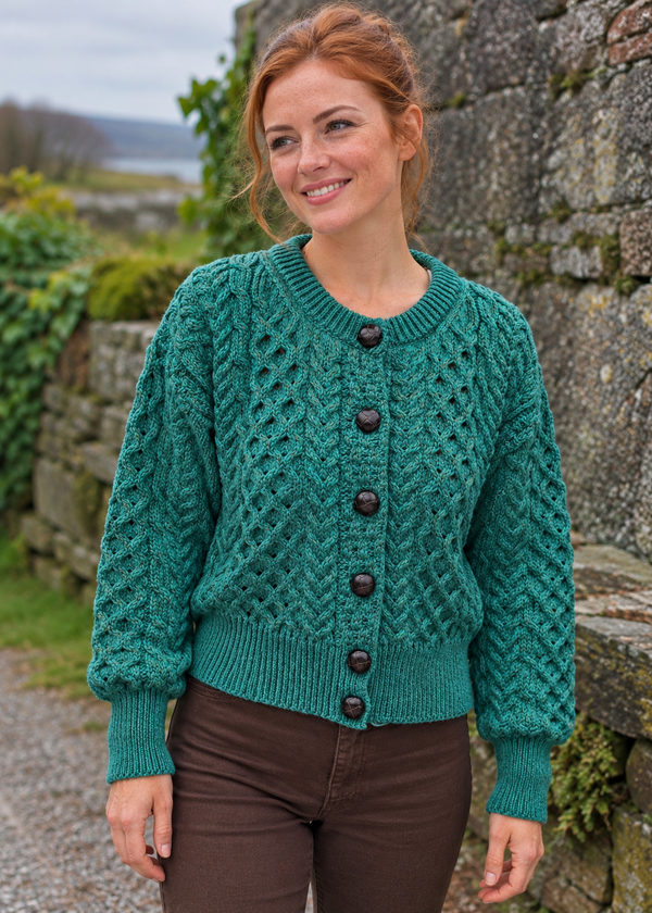 Ladies Merino Cropped Classic Aran Cardigan | Green