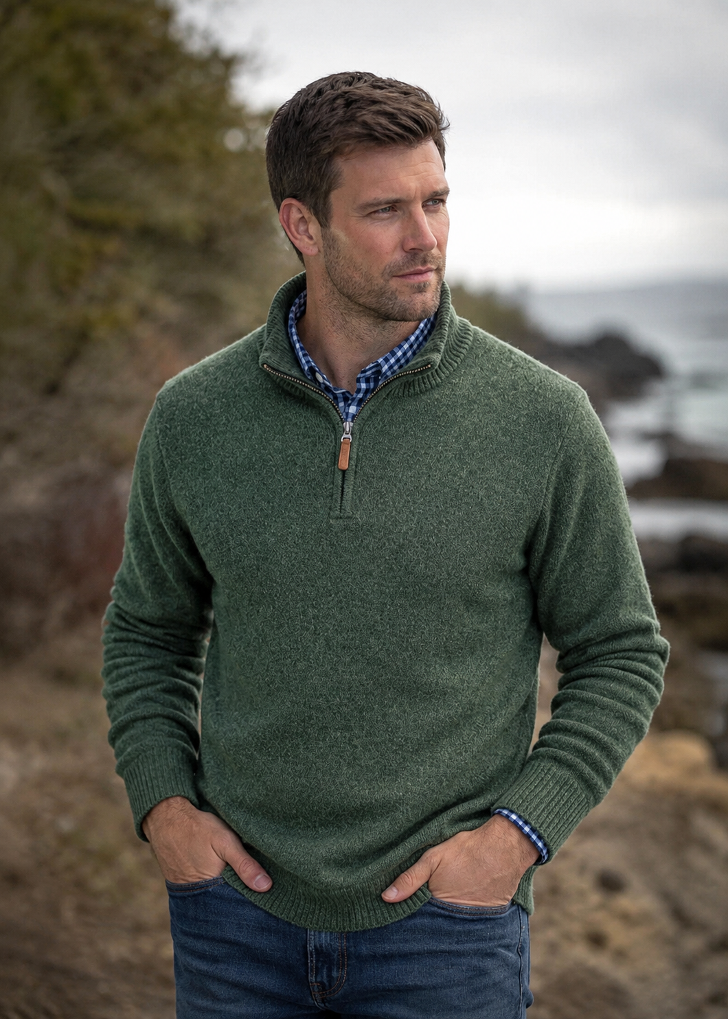 Men's 100% Lambswool Quarter Zip Sweater - Green