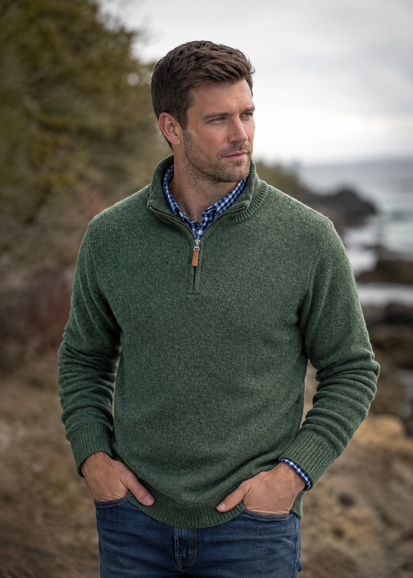 Men's 100% Lambswool Quarter Zip Sweater - Green