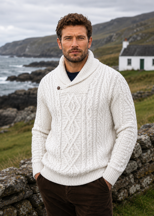 Men's Aran Shawl Neck Sweater | Natural Merino Wool