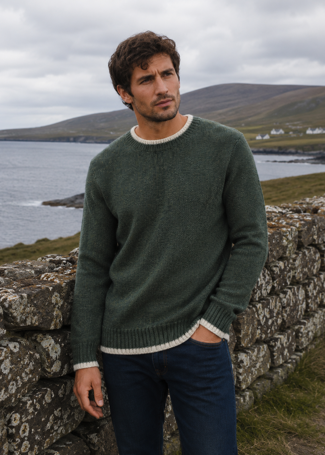 Saol Men's Fisherman Rib Crew Neck Sweater – Green