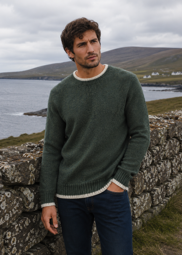 Saol Men's Fisherman Rib Crew Neck Sweater – Green