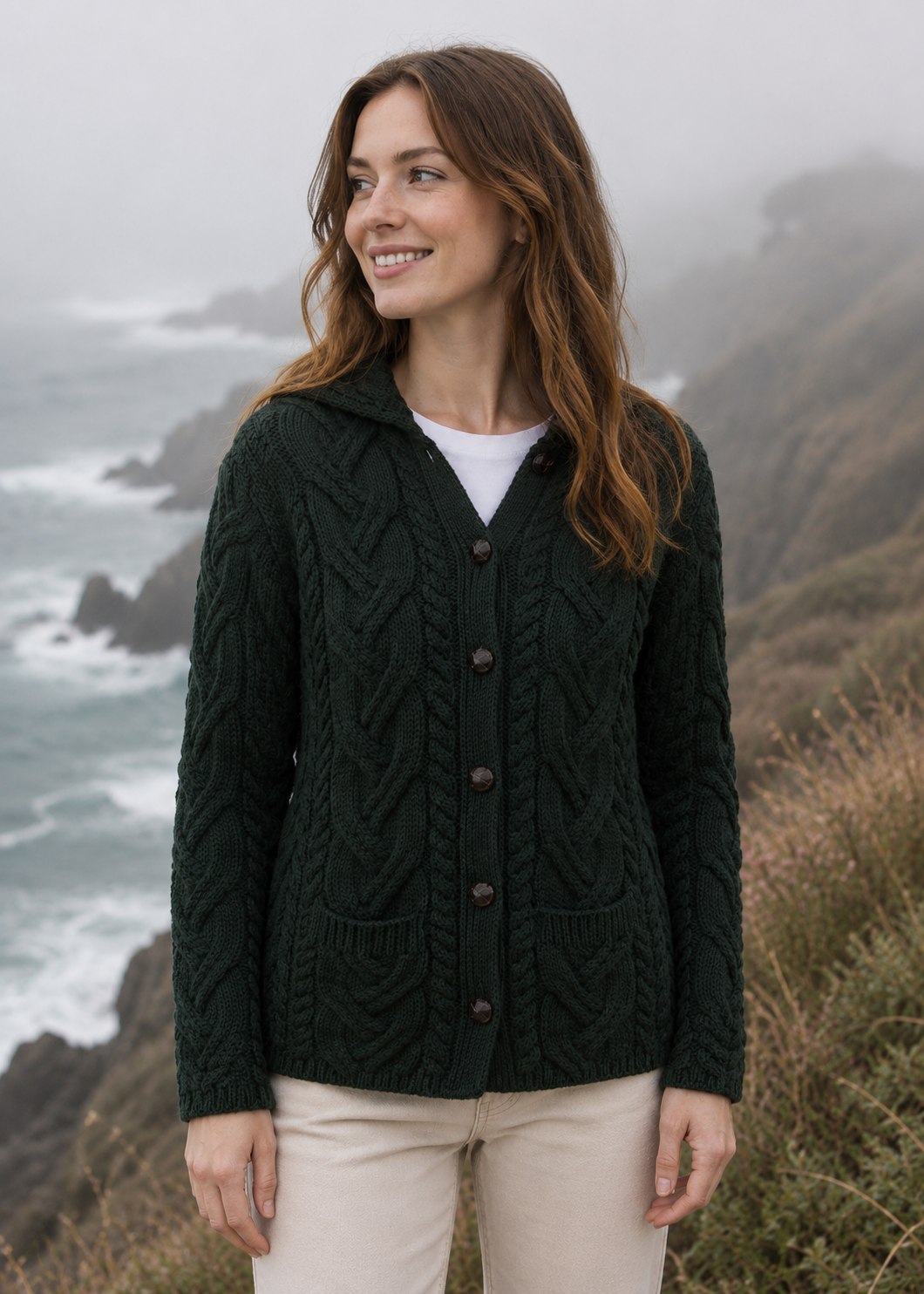 SuperSoft Merino Wool Ladies Aran Cardigan | Army Green