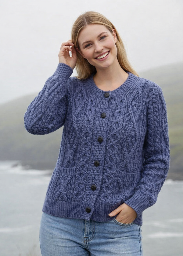 Women's Aran Cardigan in Denim Blue | Irish Merino Wool