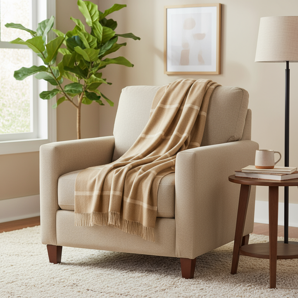 John Hanly Wool Angora Throw | Camel Cream Windowpane Check