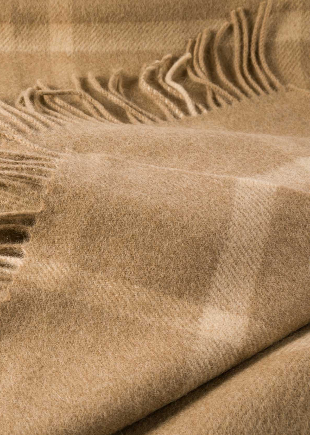 John Hanly Wool Angora Throw | Camel Cream Windowpane Check