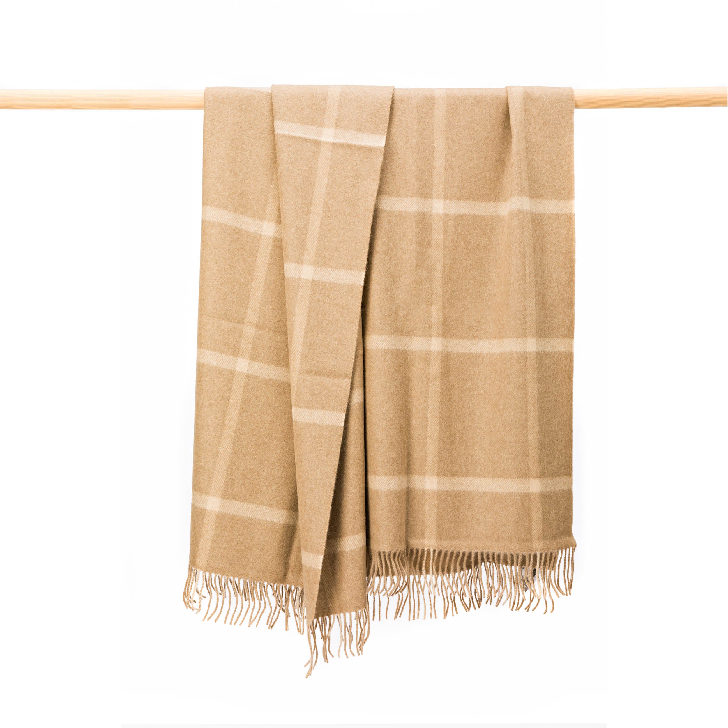 John Hanly Wool Angora Throw | Camel Cream Windowpane Check