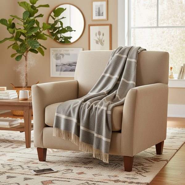 John Hanly Wool Angora Throw | Grey Silver Windowpane