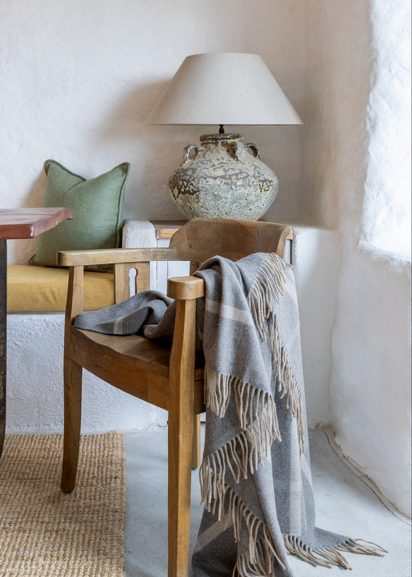 John Hanly Wool Angora Throw | Grey Silver Windowpane