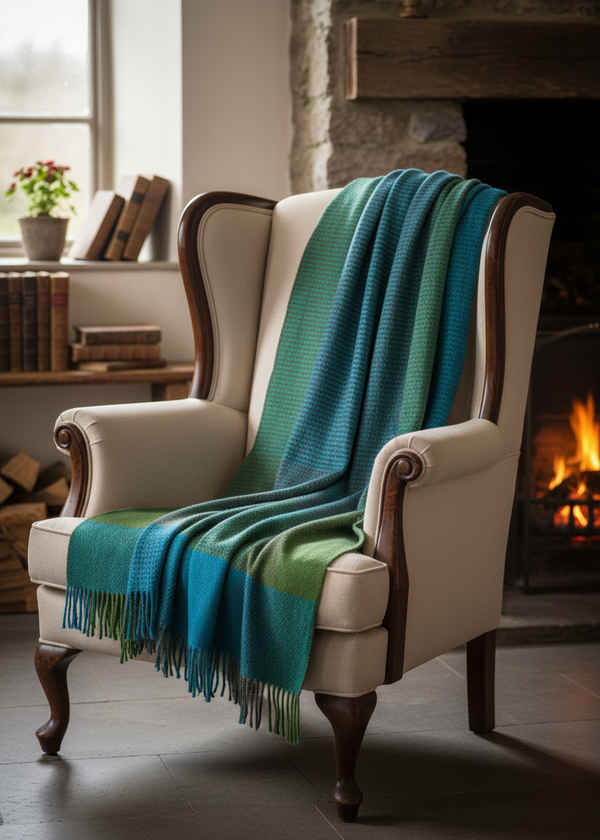 Foxford Cashmere Wool Throw | Green Blue