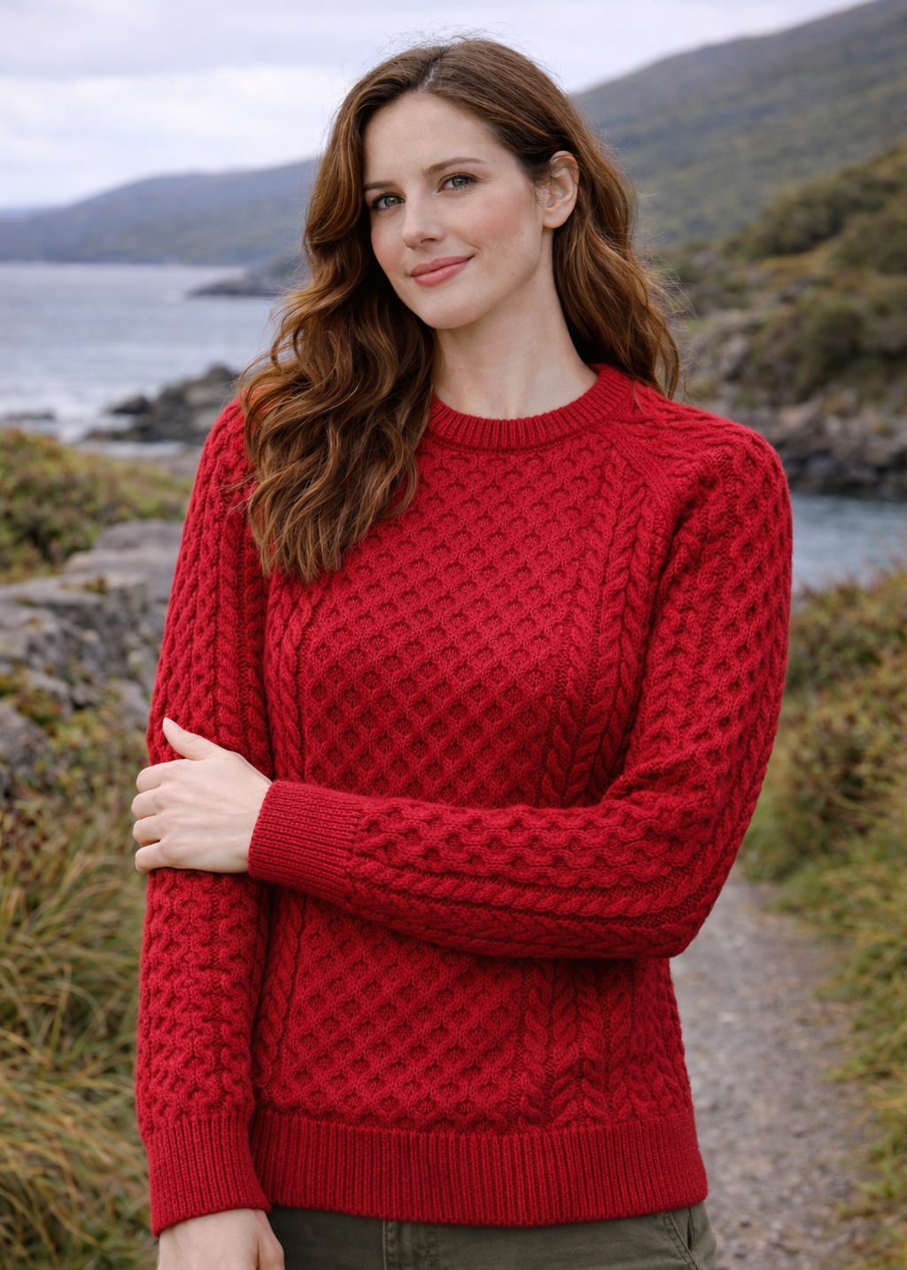 Women's Slim-Fit Aran Sweater - 100% Merino Wool | Red