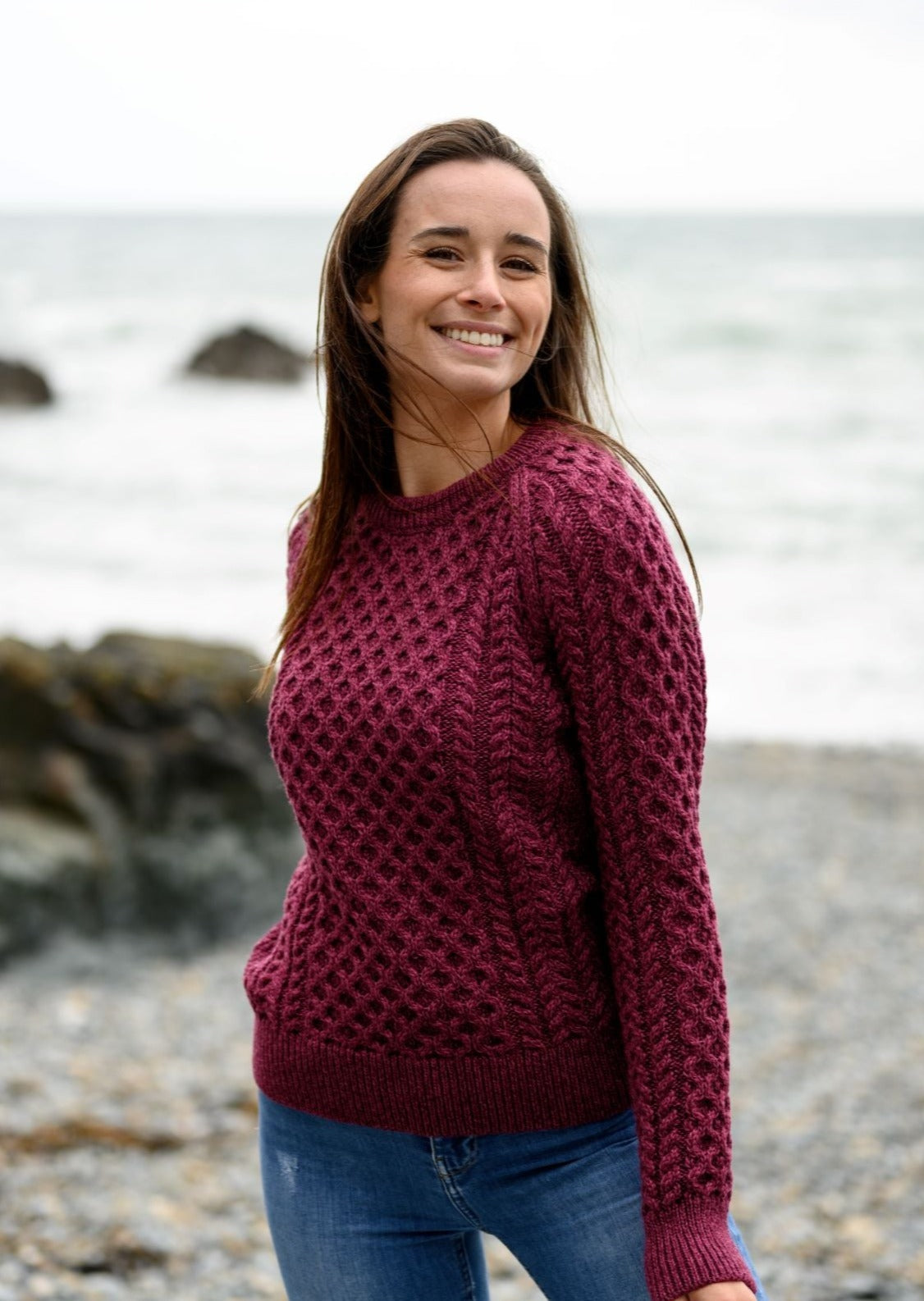 Ladies Slim-Fit Aran Sweater | Raspberry