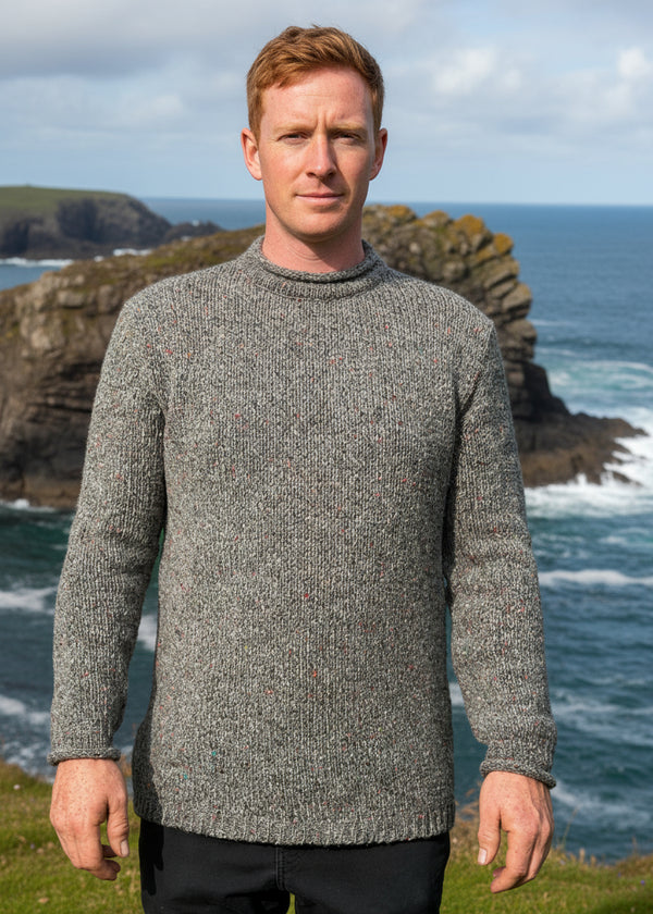 Roll Neck Merino Wool Fisherman Sweater | Grey Fleck