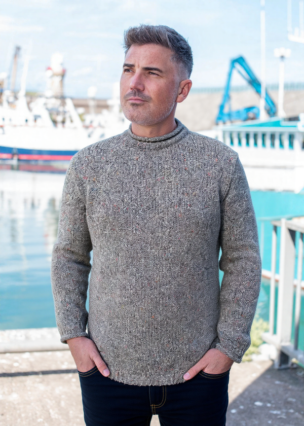 Roll Neck Merino Wool Fisherman Sweater | Grey Fleck