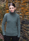 Women's Super Soft Funnel Neck Aran Sweater | Green