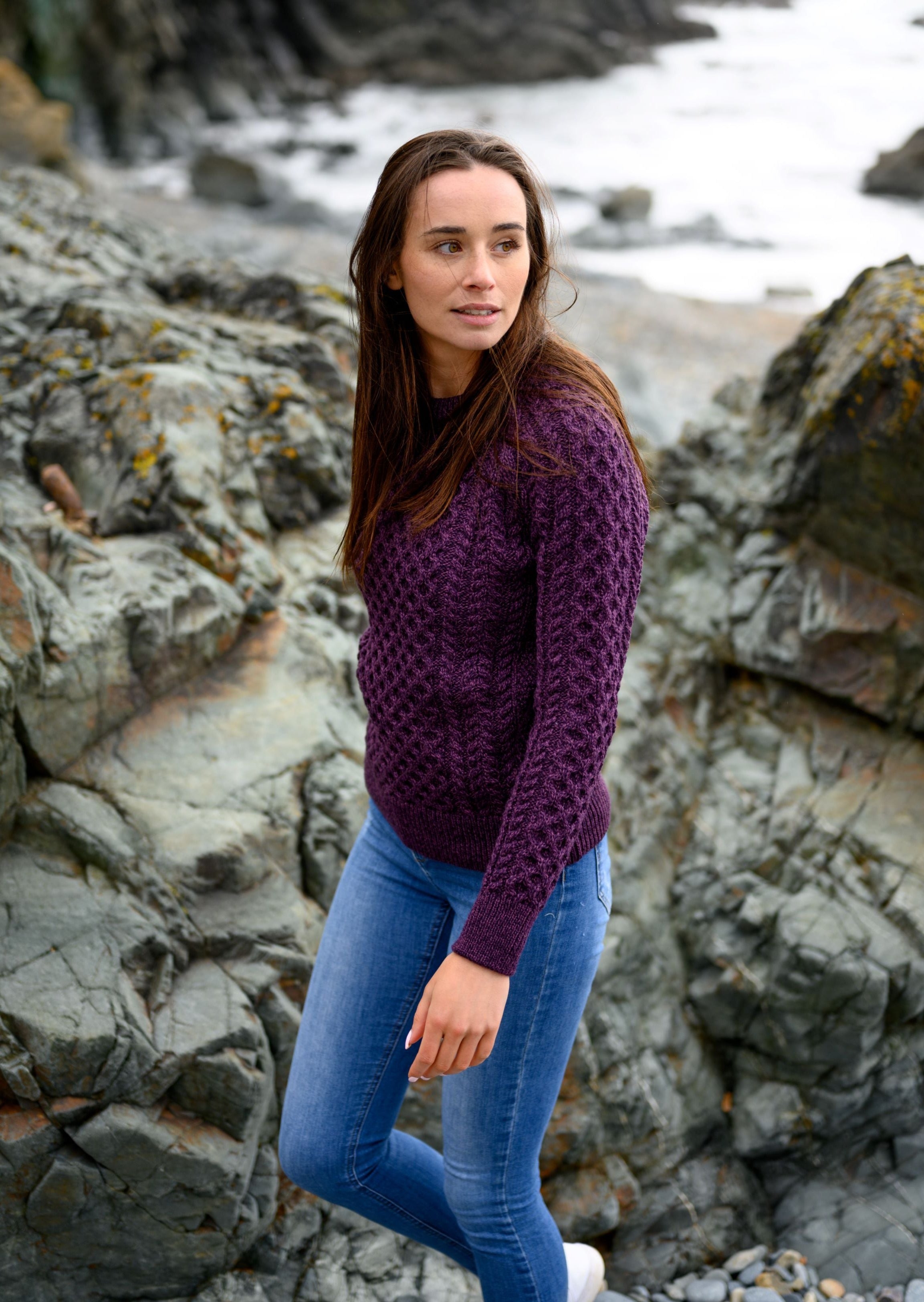 Unisex Aran Crew Neck Merino Sweater | Purple