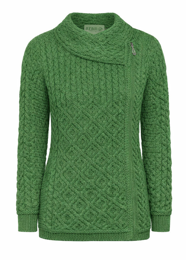 Claddagh Zip Aran Cardigan | Green Leaf | 100% Merino Wool