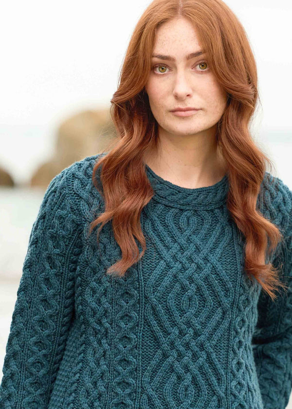 Aran Cable Knit Merino Wool Sweater - Bermuda Blue | Irish Crafted